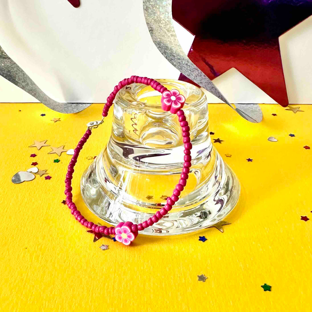 Anklet Pink Flower Beads