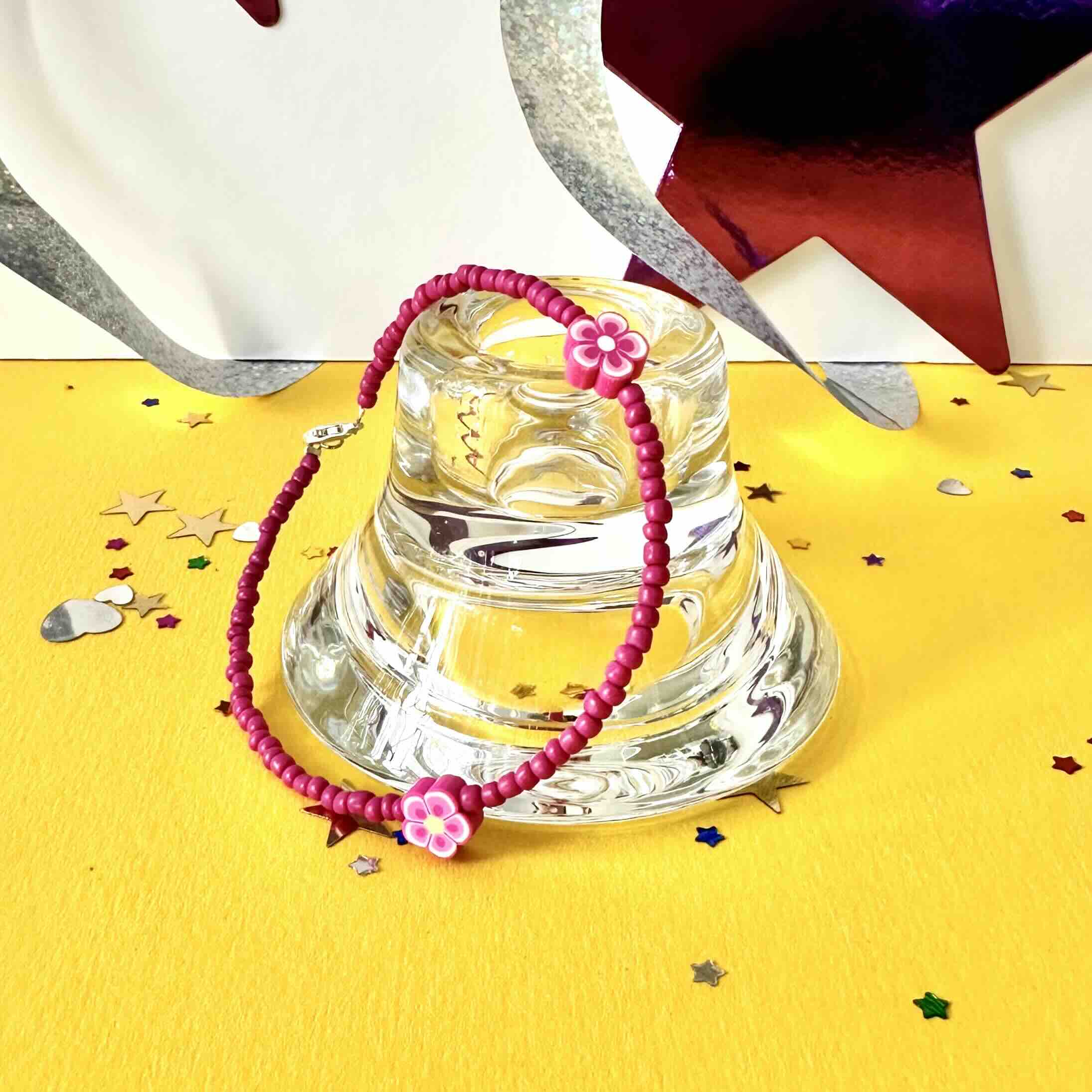 Anklet Pink Flower Beads